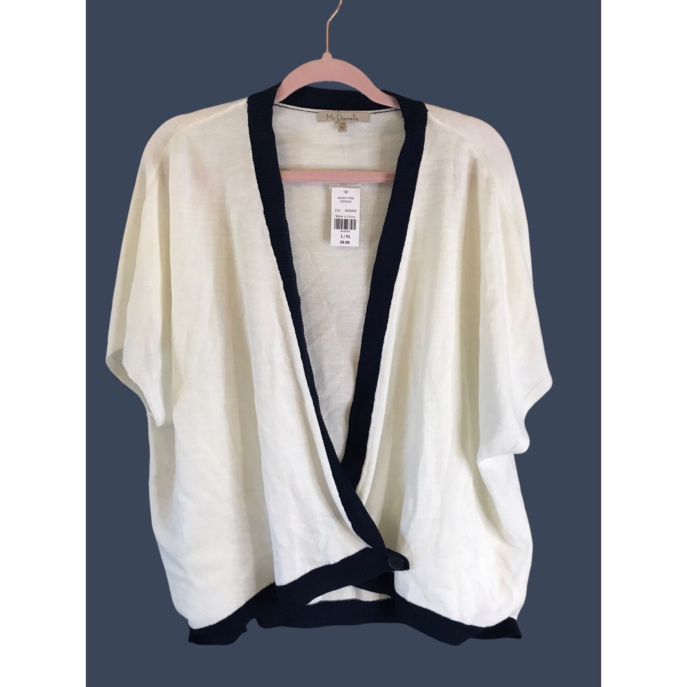 My Danielle Cream Navy Trim Wrap Kimono Cardigan Sweater Women's L‎ XL